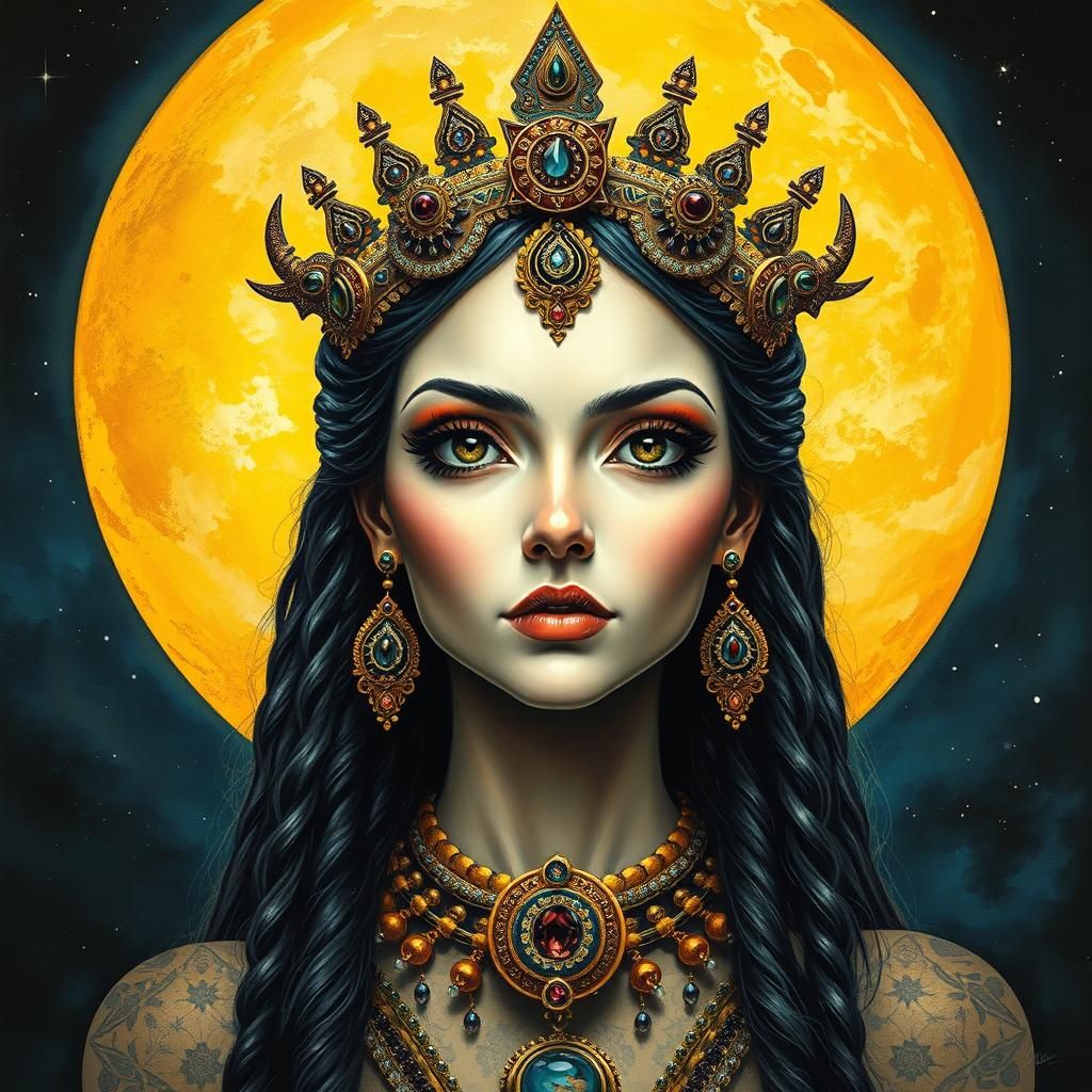 Moon Priestess Portrait in Gouache Impressionist Style