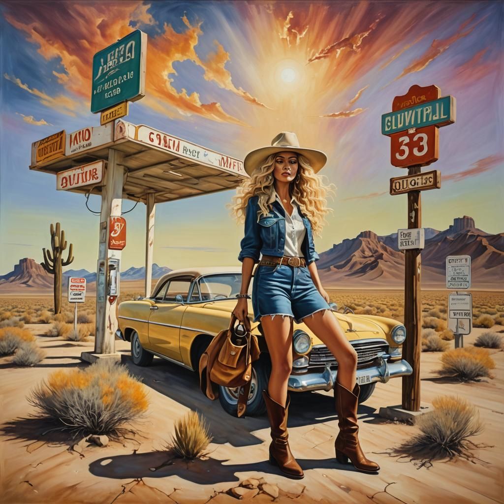 Surreal Desert Gas Station with Flowing Hair, Oil on Canvas