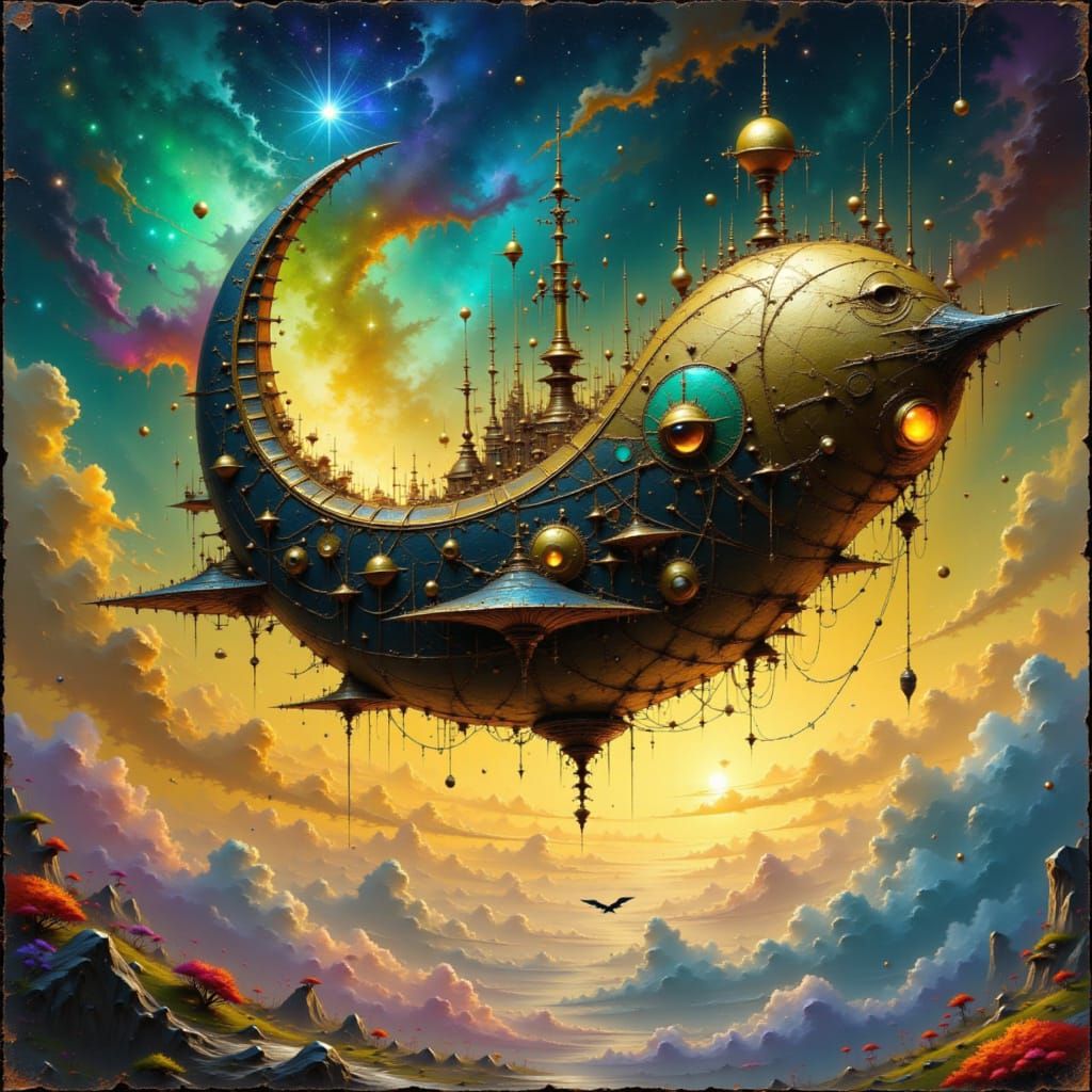 Steampunk Moon Airship Soaring Through Nebula
