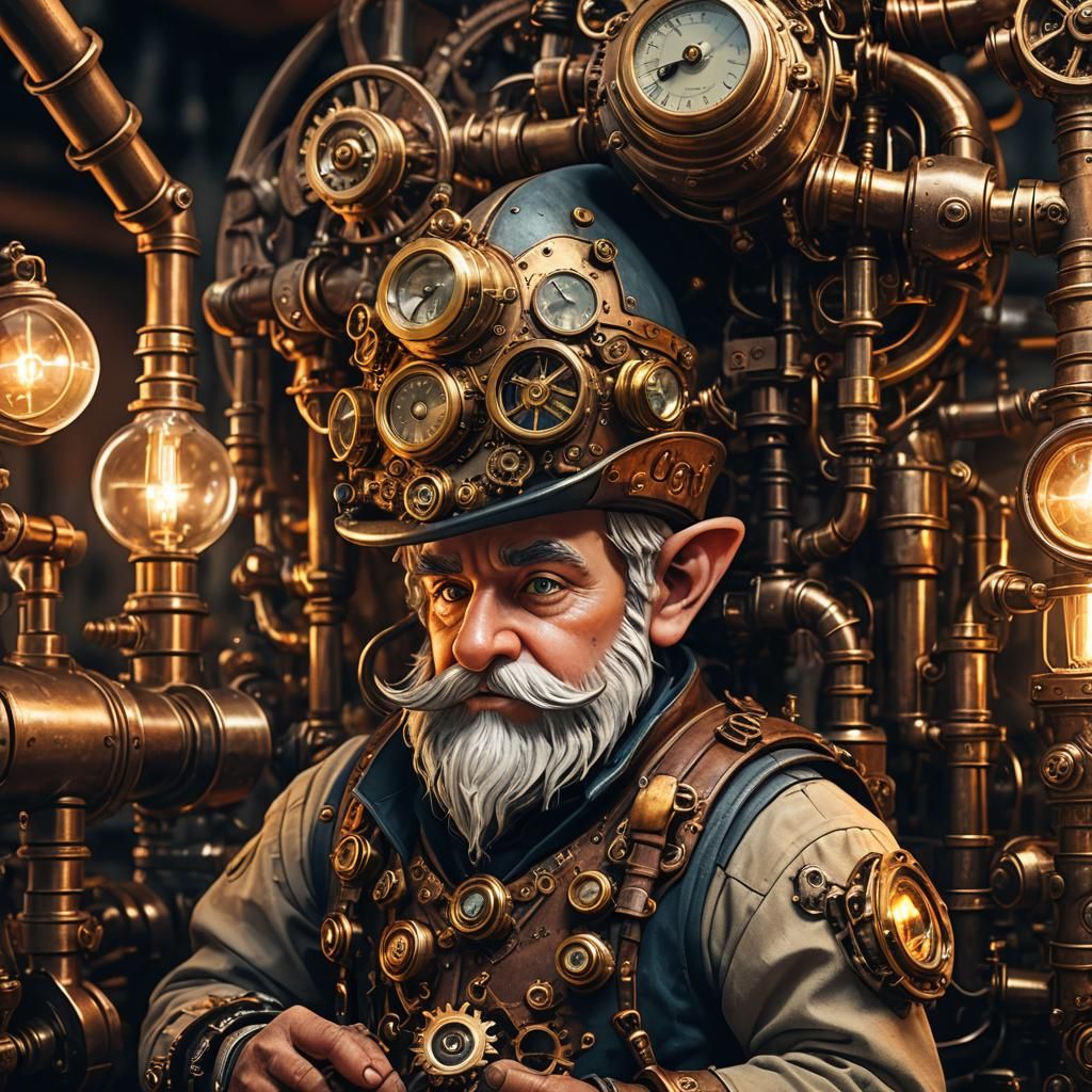 Gnome Engineer in Steampunk Workshop: Digital Art