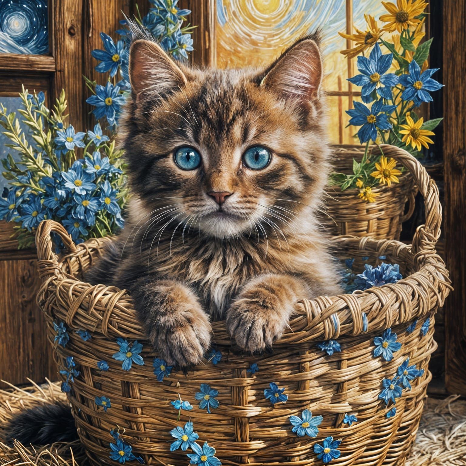 Fluffy Kitten in Cabin, Starry Night Painting