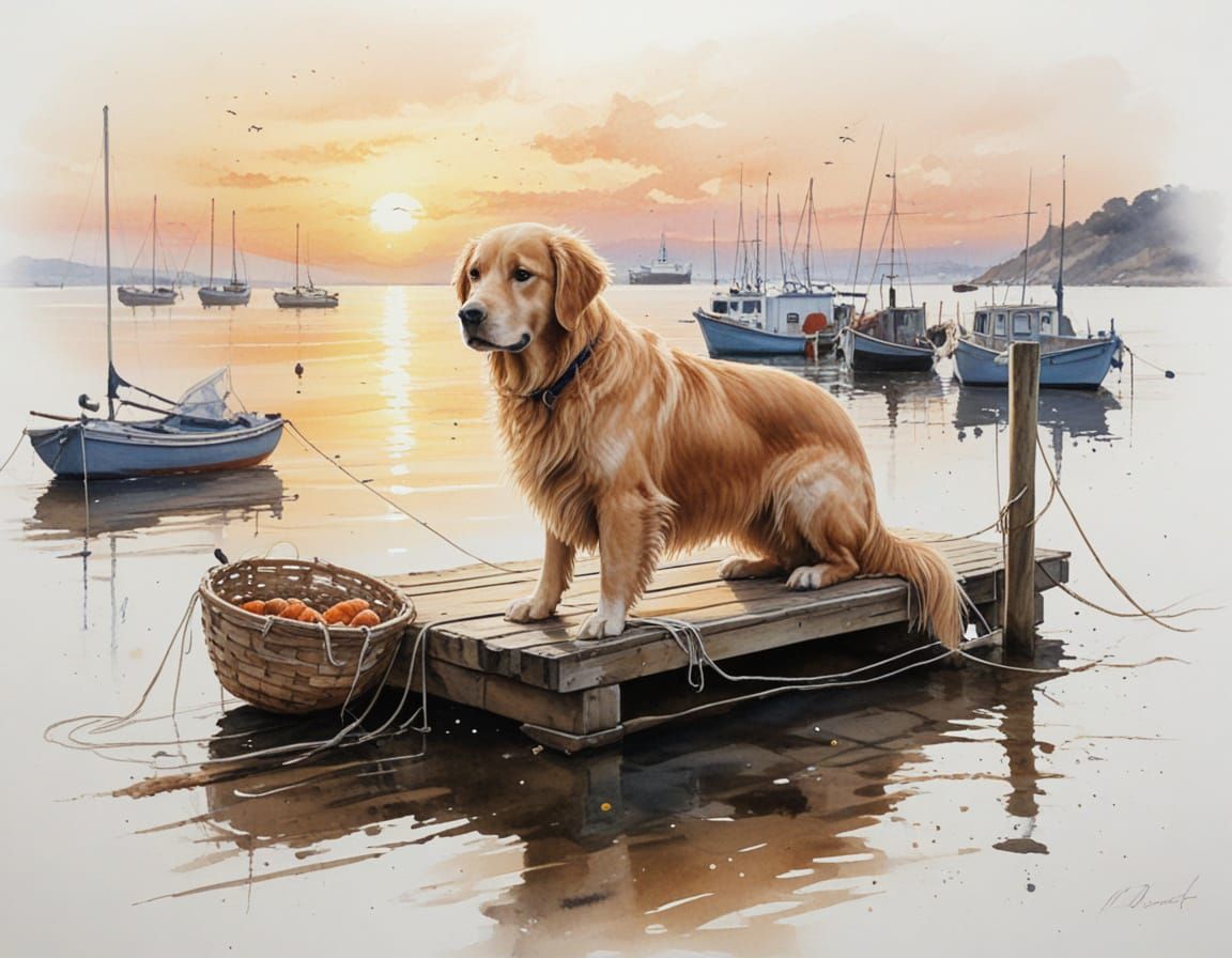 Golden Retriever on Dock at Sunrise