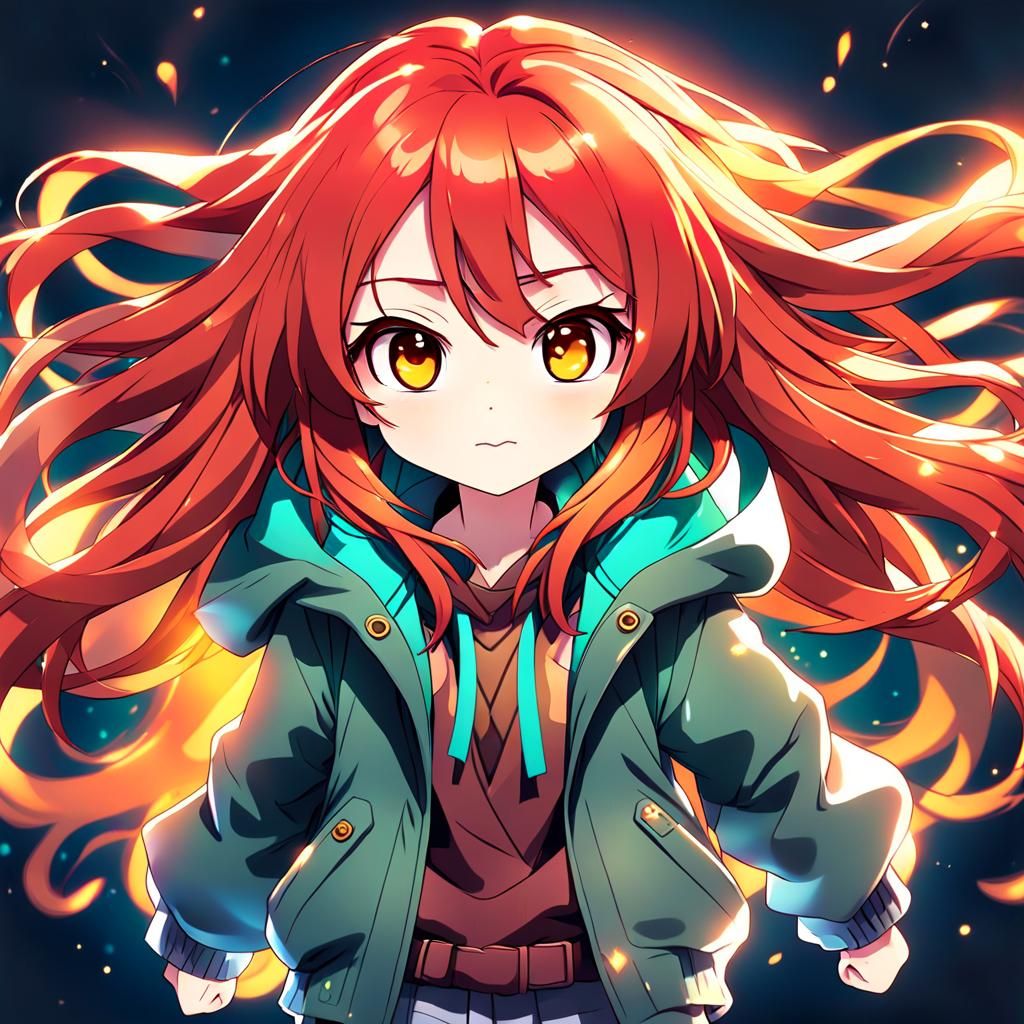 Anime Chibi Girl with Flowing Red Hair
