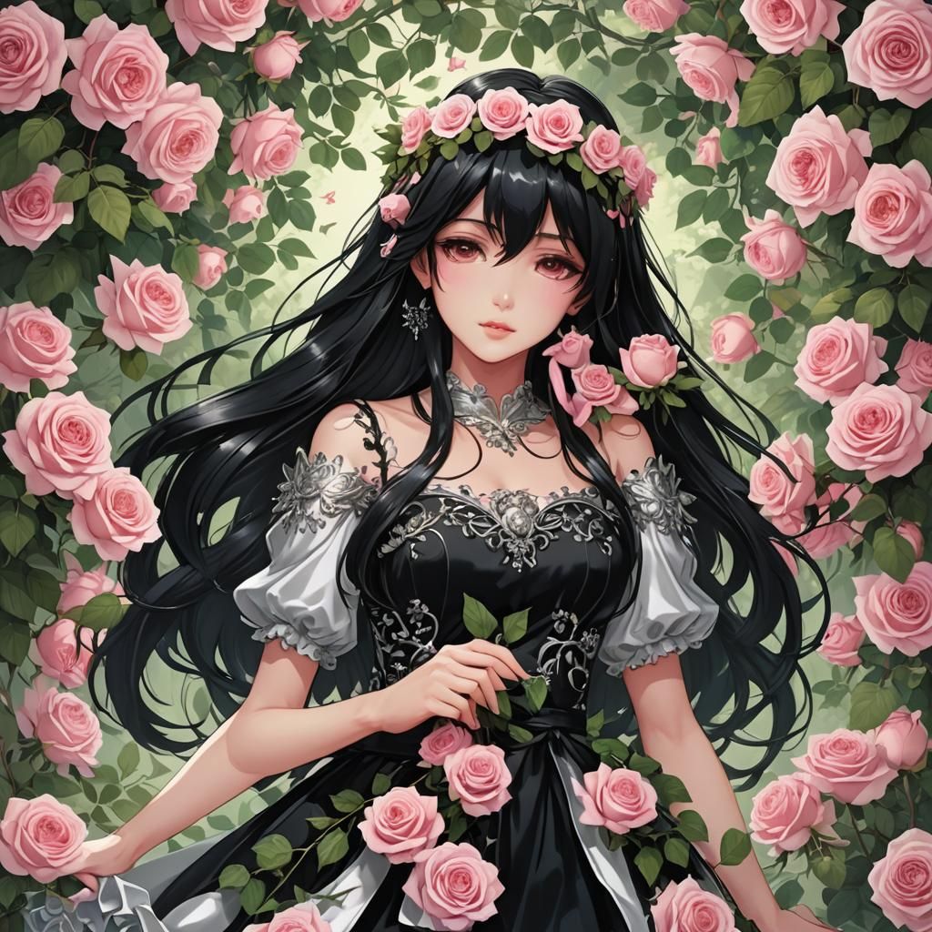 Anime Angel Girl with Rose Crown and Roses