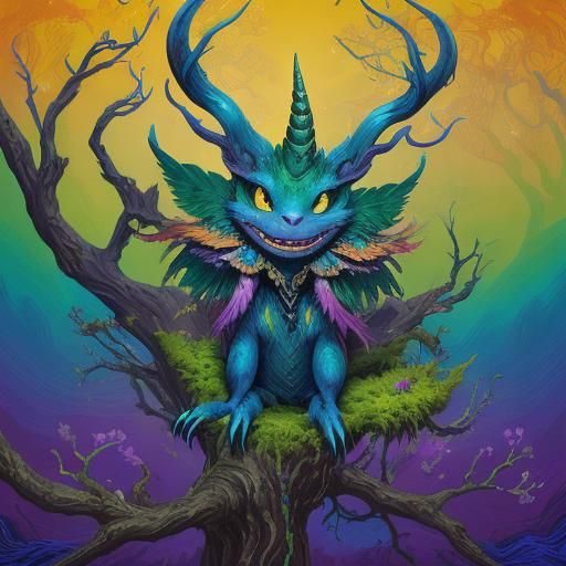 Whimsical Fantasy Creature in Vibrant Abstract Art