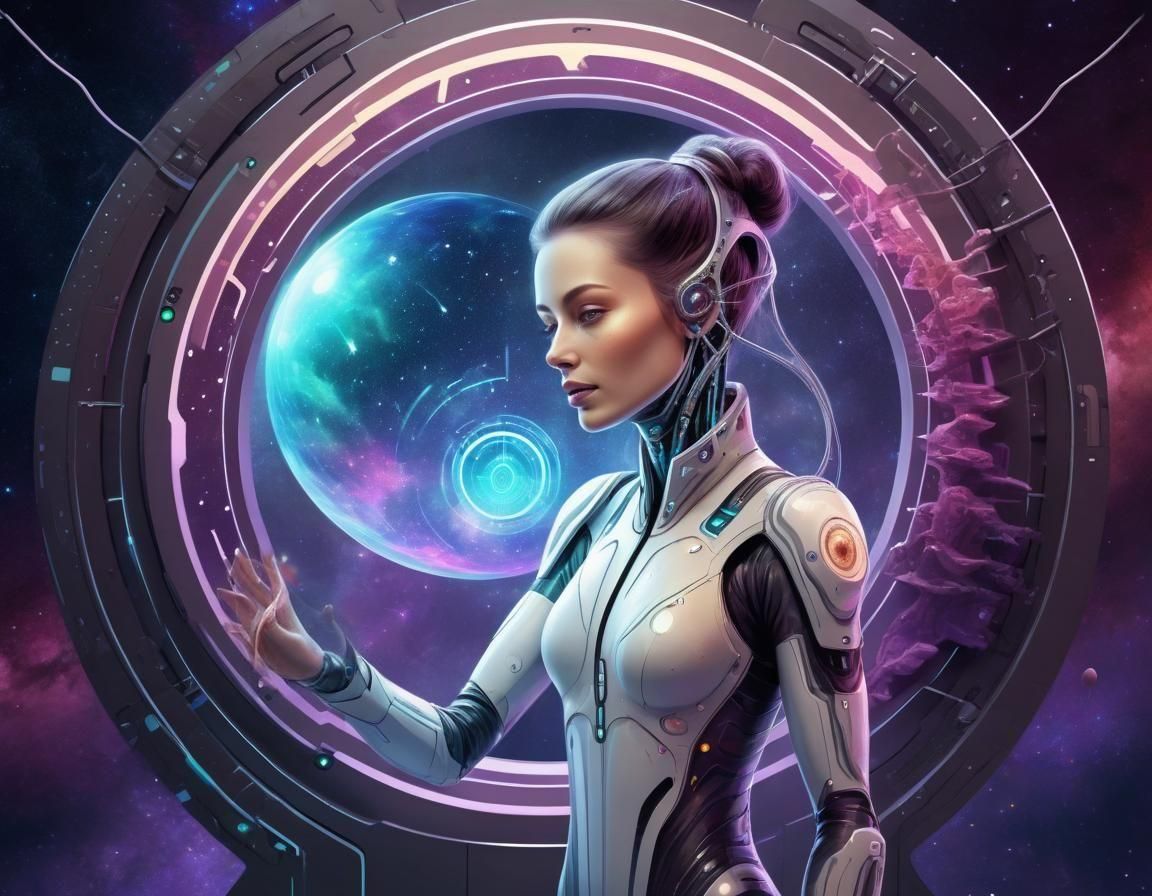 Android Woman in Lab with Cosmic Portal