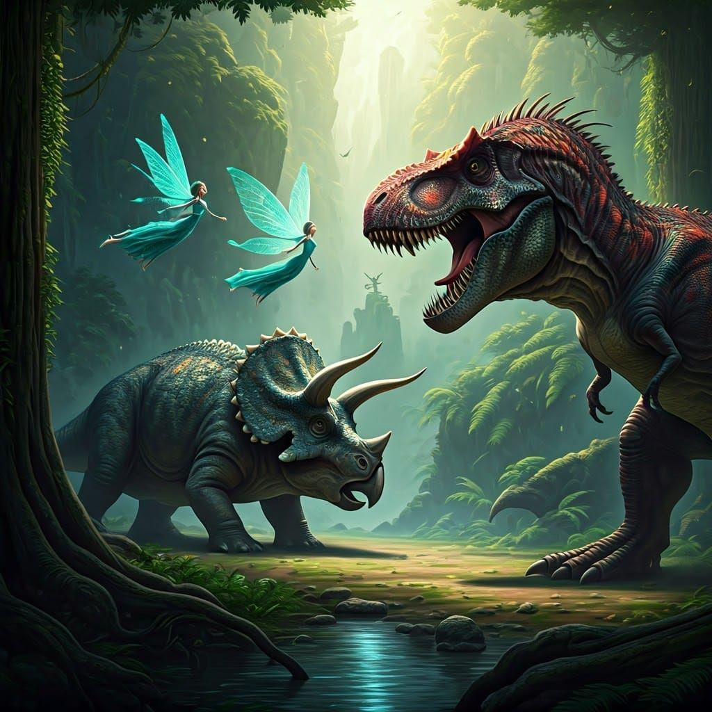 Fairies Observe Triceratops vs T-Rex Battle in Fantasy Art