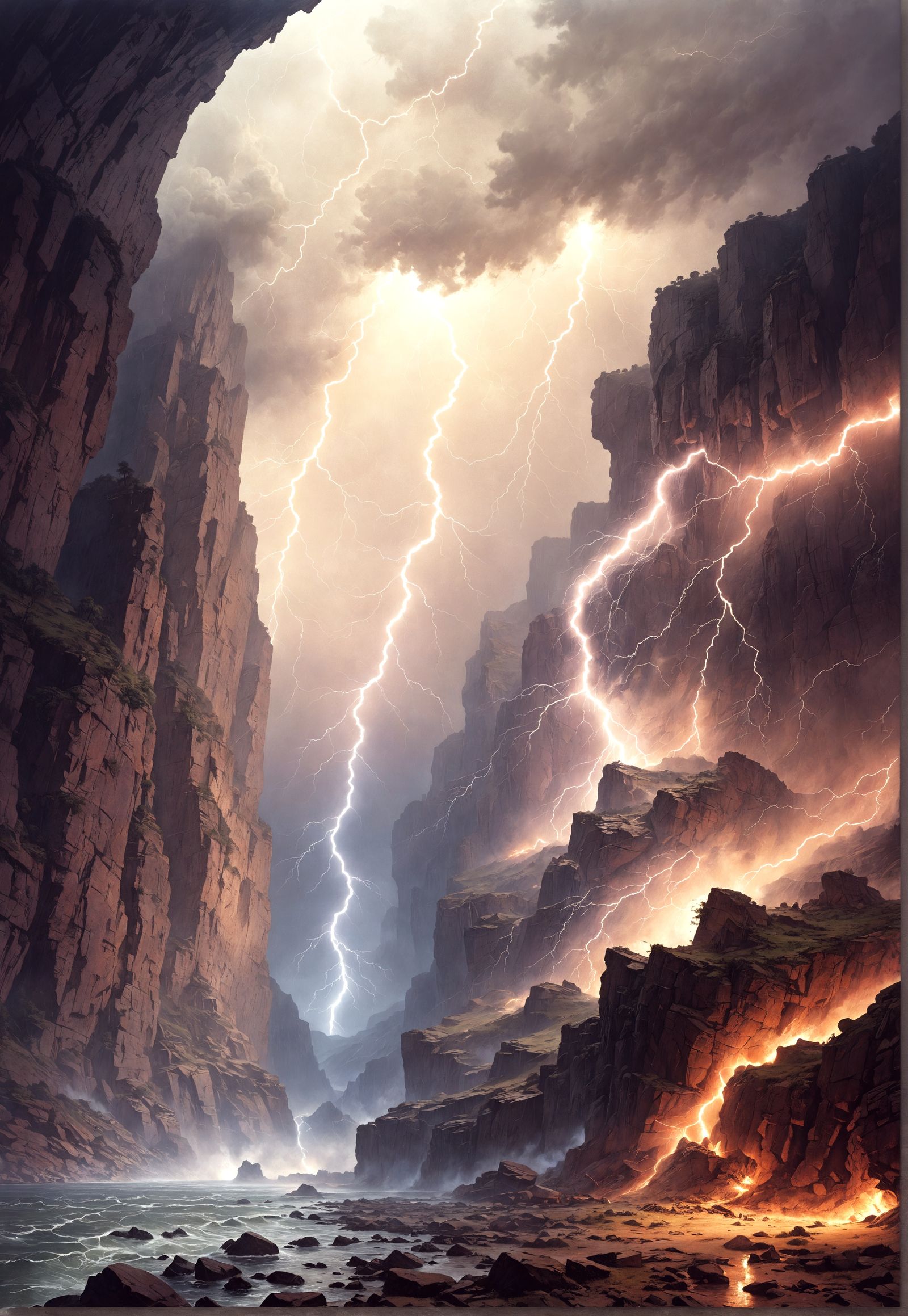Raging Lightning Storm over Canyon, Dark Romanticism