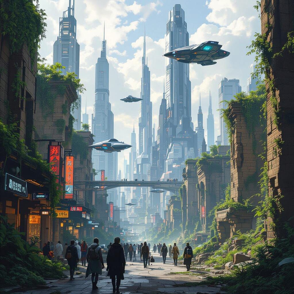 Futuristic Cityscape: Ruins Reclaimed in Matte Painting Styl...