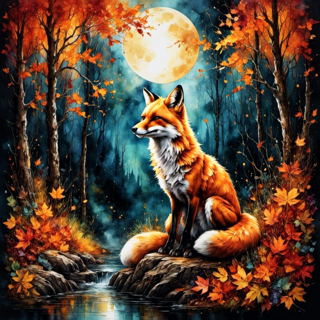 Mystical Fox in Forest, Vibrant Oil Painting
