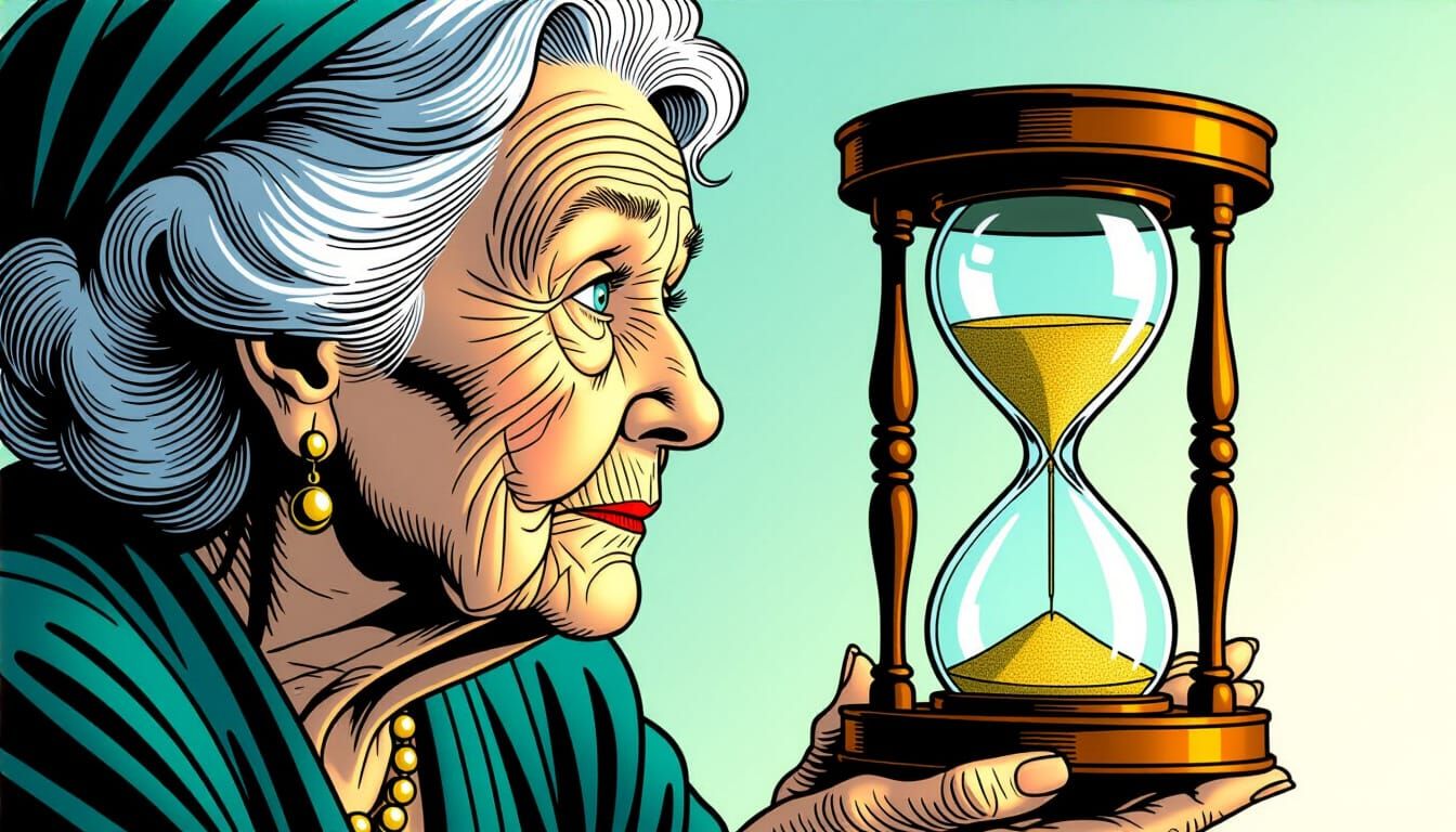 Elderly Woman Gazes at Hourglass in Comic Book Style