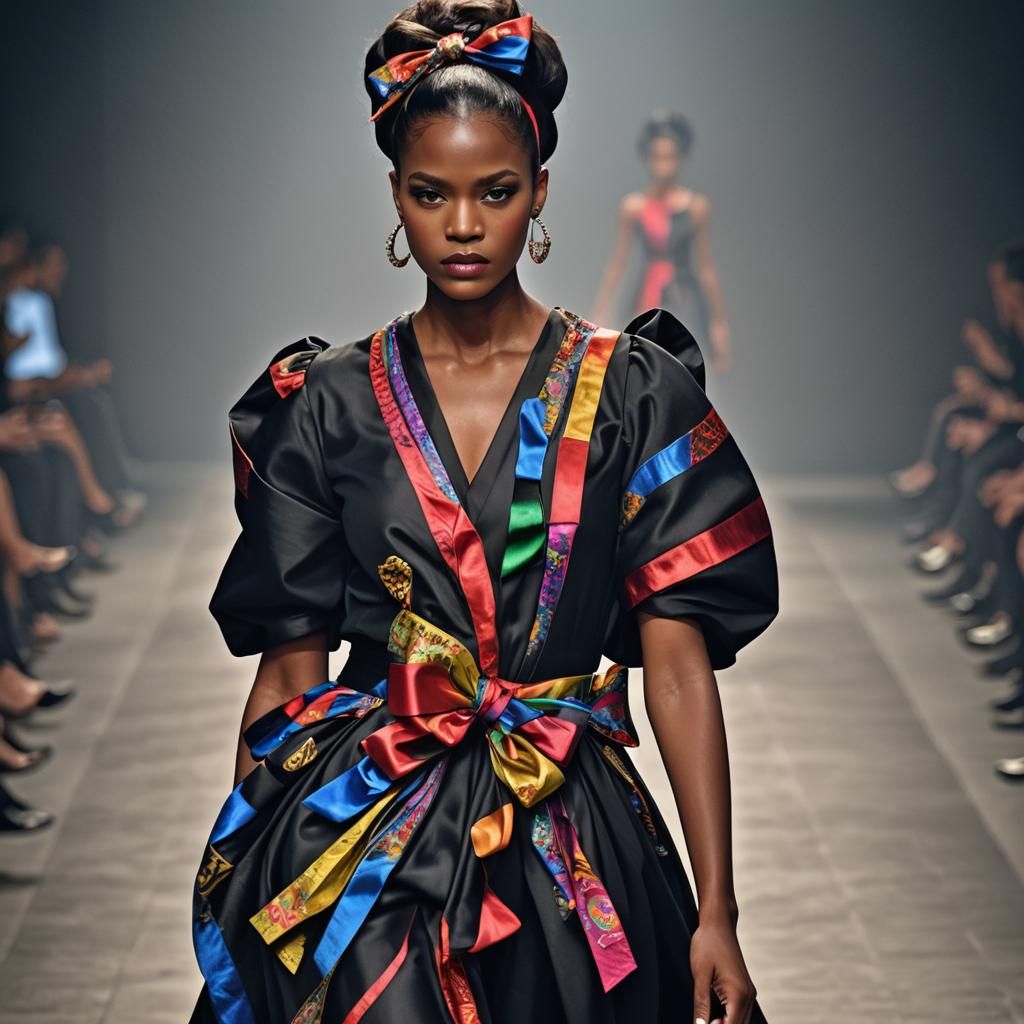 Black Model in Bow Dress on Runway
