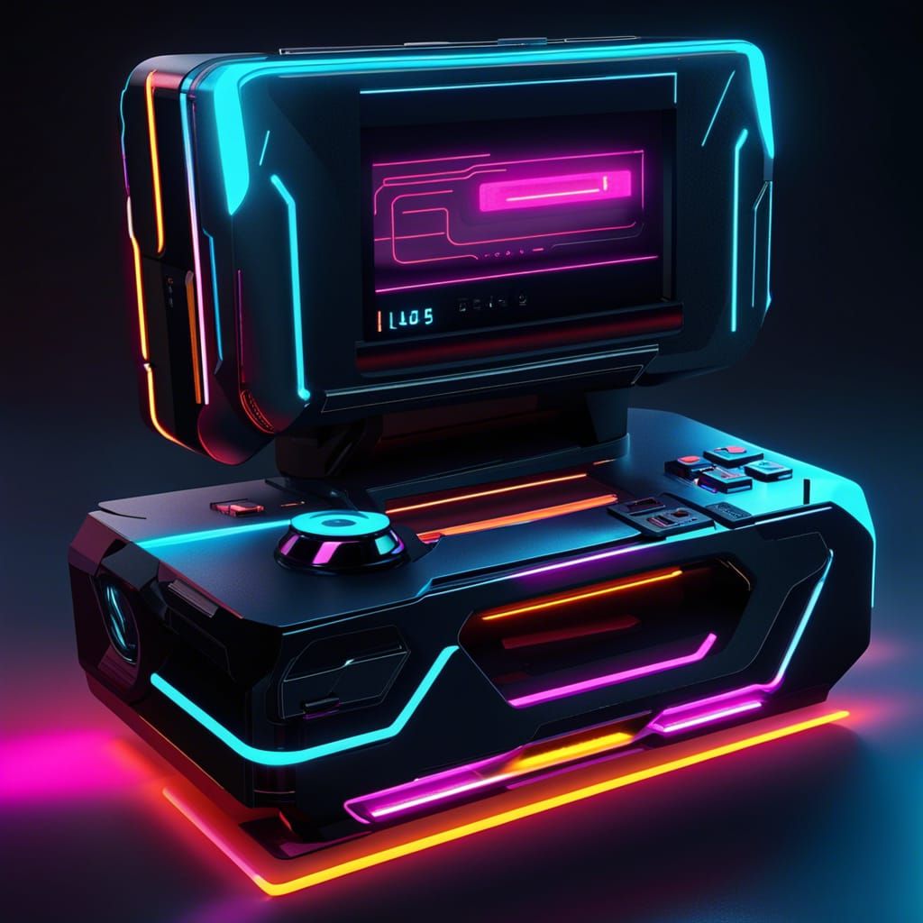 Generate an image of a futuristic video game console that seamlessly blends sleek, modern design with cutting-edge techn...