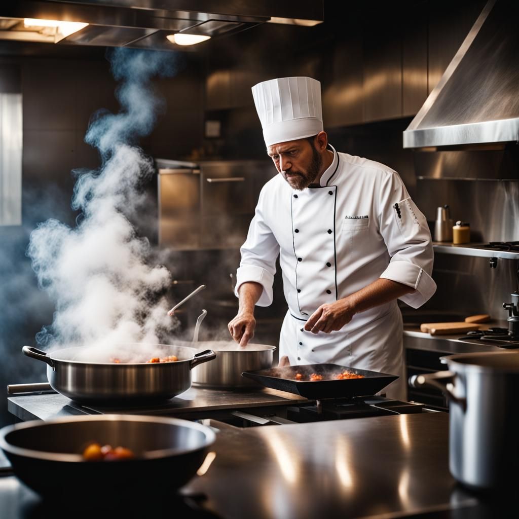 Cinematic Chef in Smoky Kitchen: Professional Photography