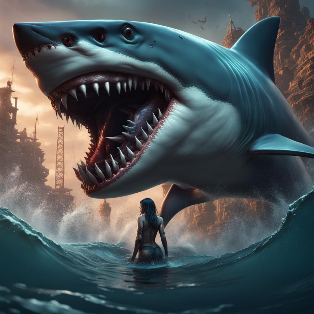 Fantastical Dying Shark Girl in Deep Color