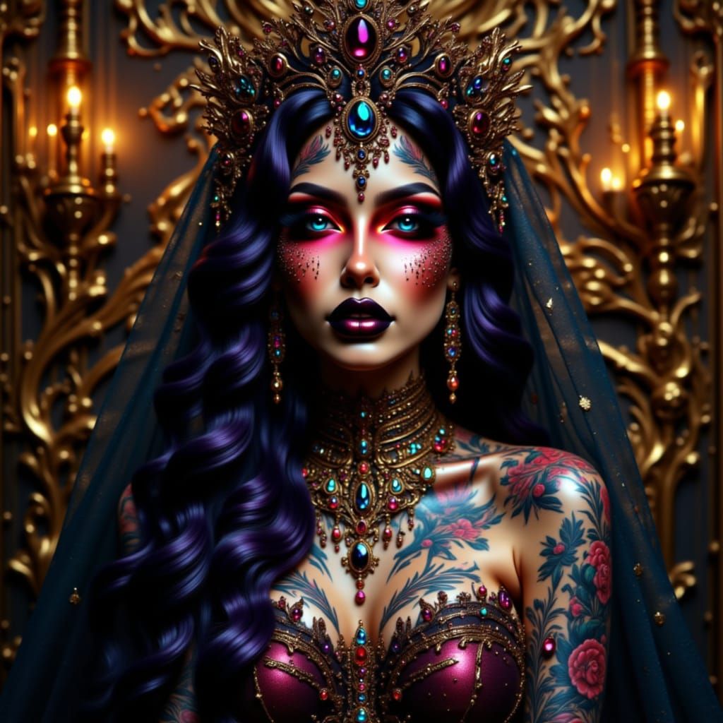 Glamorous Tattooed Queen in Jewel-Toned Castle