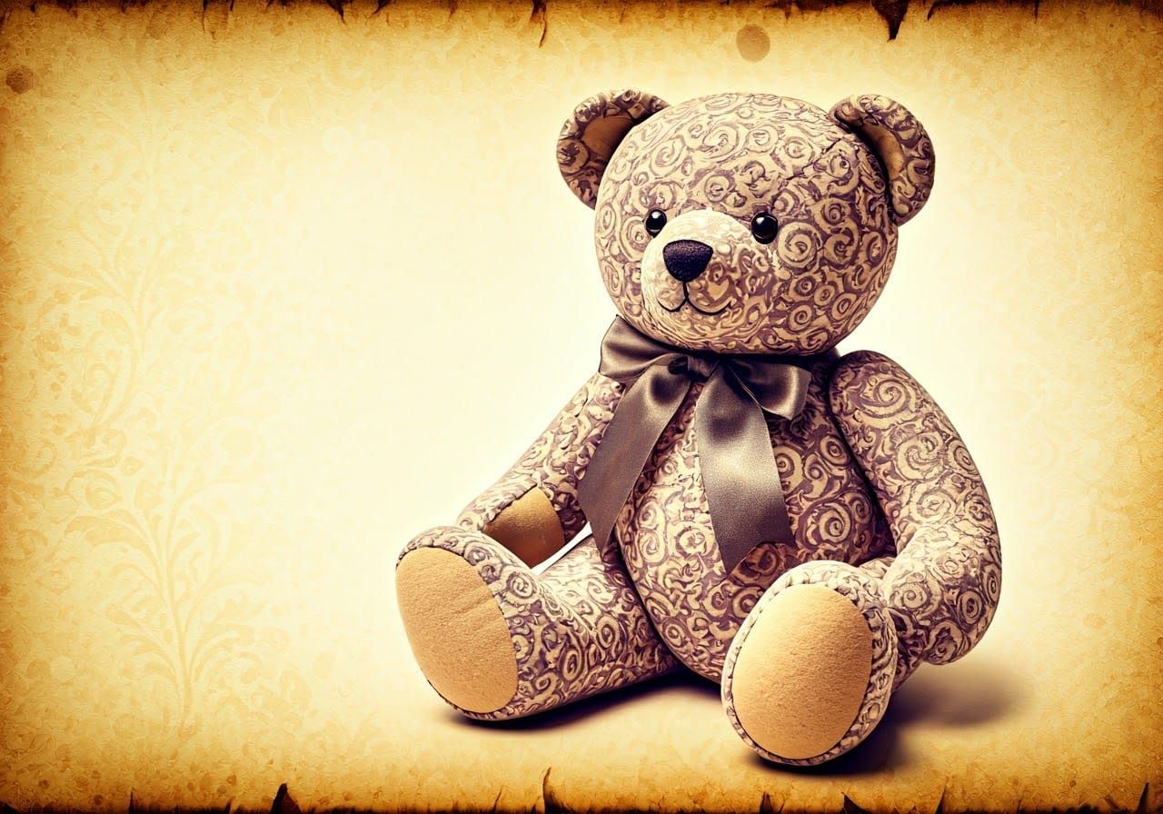 Antique Teddy Bear on Parchment Paper in Klimt Style