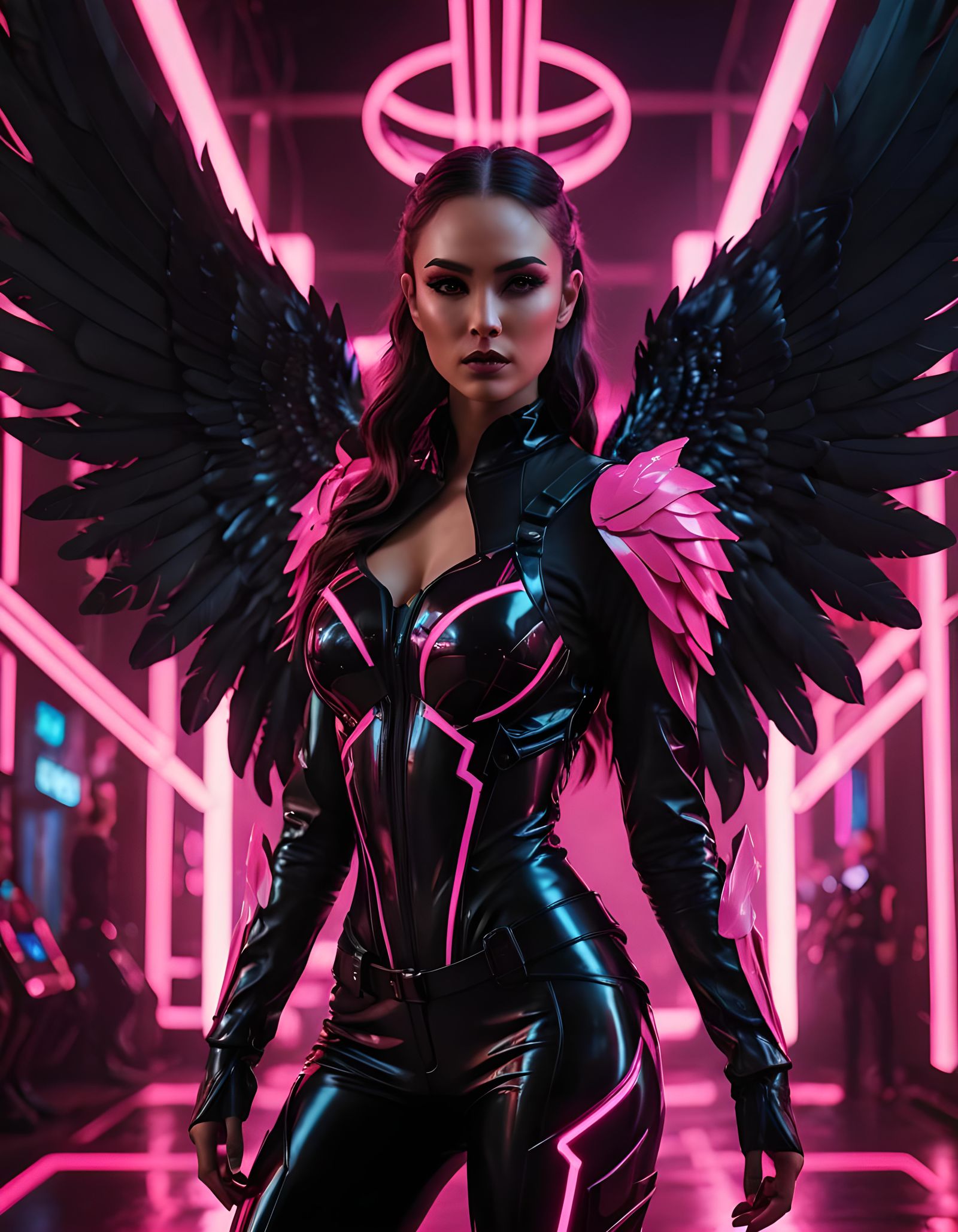 Futuristic Female Warrior with Neon Wings