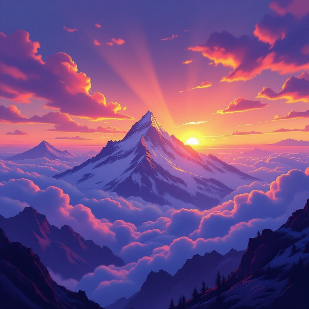 Majestic Mountain Peak at Vibrant Sunset Over Clouds