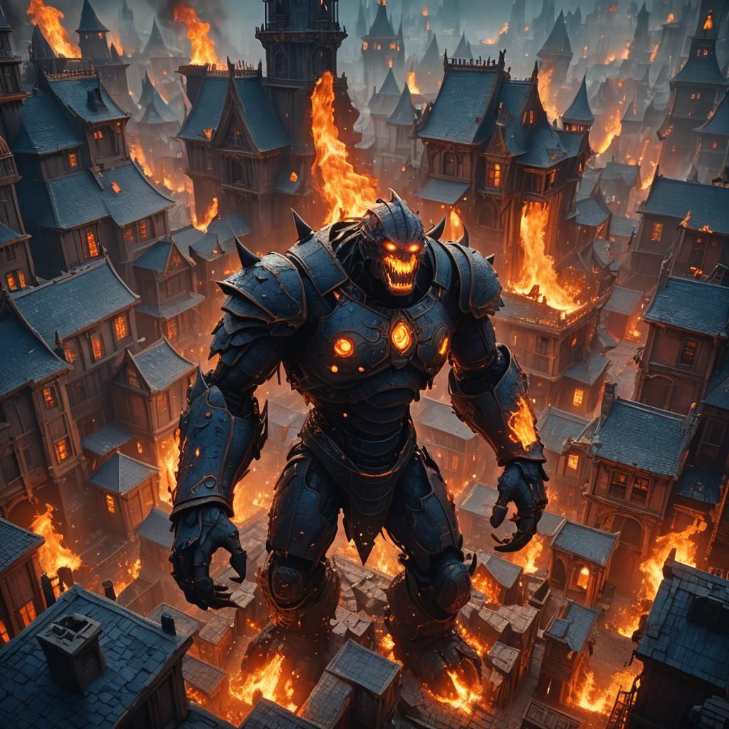 Fire Golem Destroys Fantasy City: Concept Art