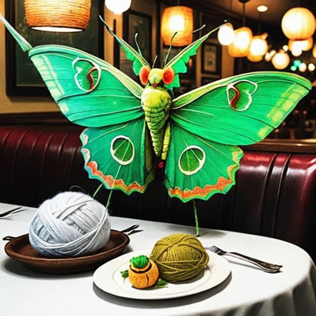 Luna Moth Cartoon at Restaurant with Yarn