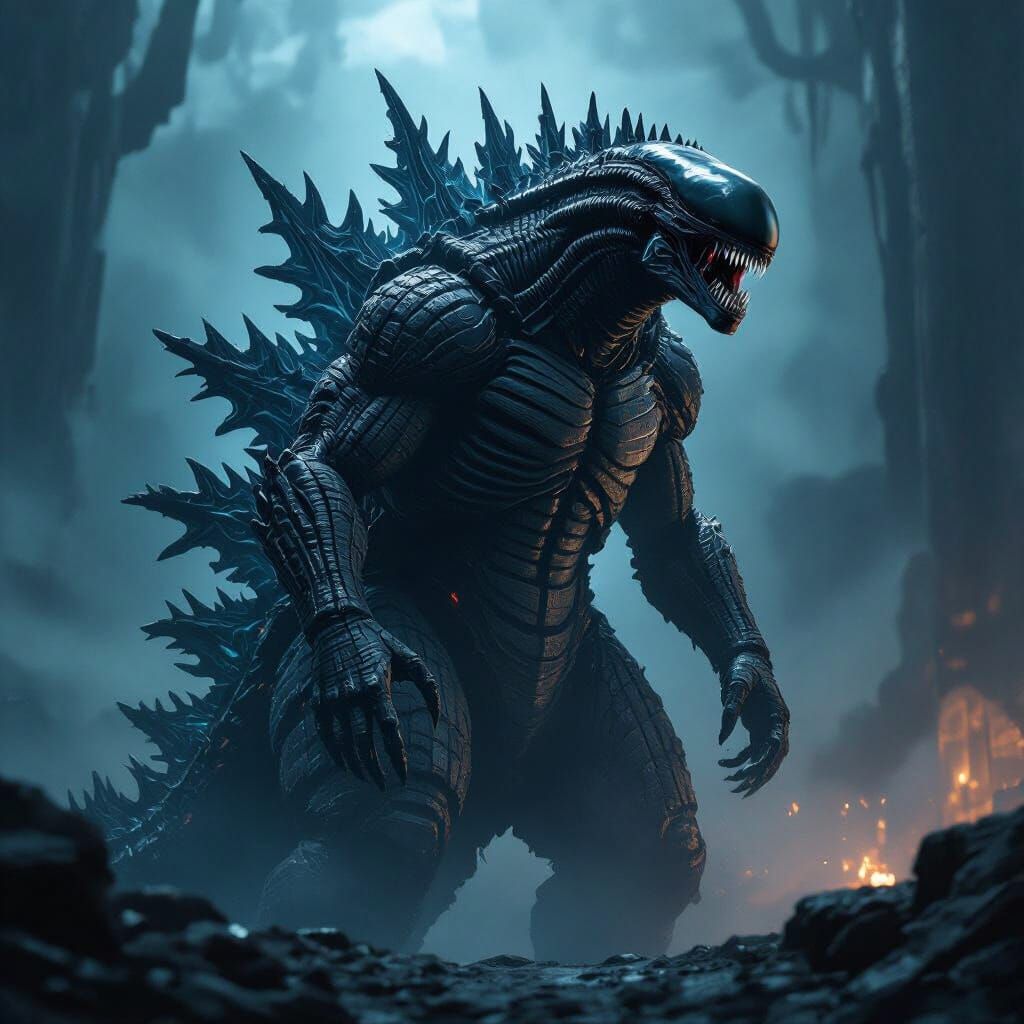 Terrifying Alien Predator in Godzilla and Alien Romulus Styl...