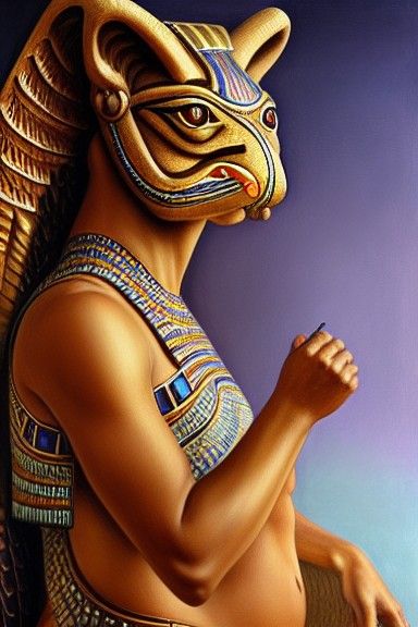 Egyptian Goddess Taweret with Ankh, Fantasy Painting