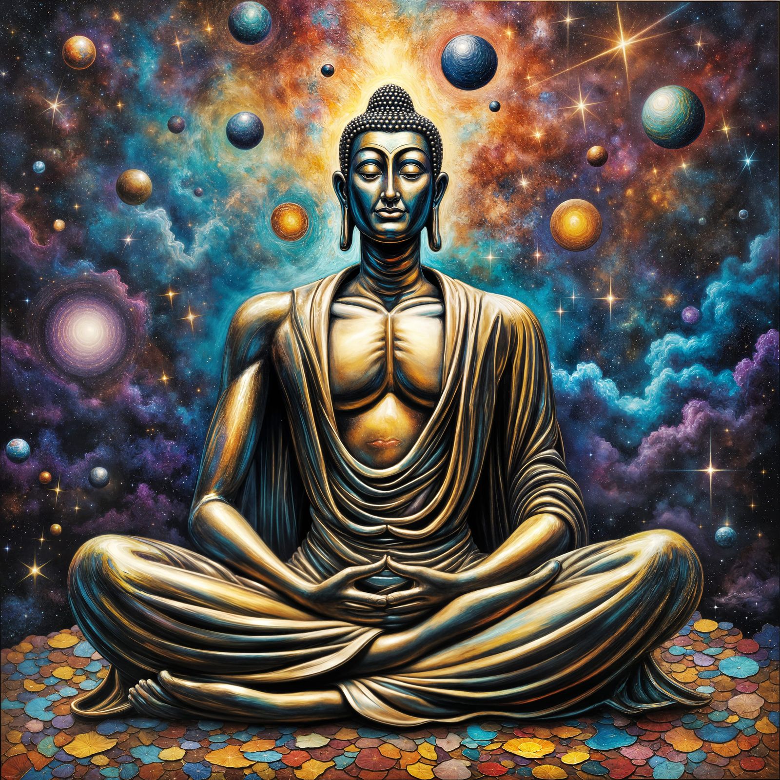 Psychedelic Chrome Buddha in Cosmic Meditation