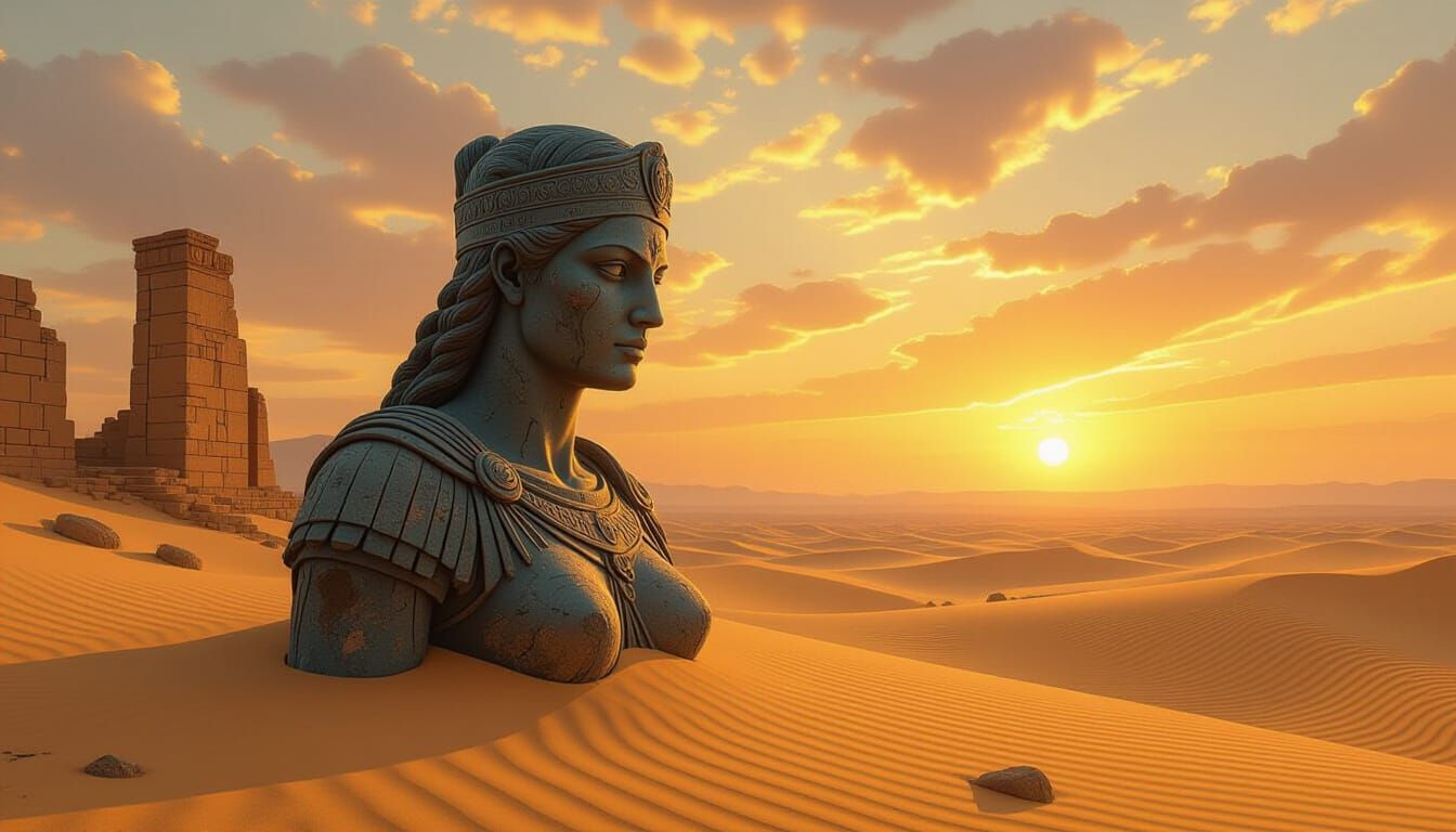 Giant Warrior Statue in Desert Ruins at Surreal Sunset
