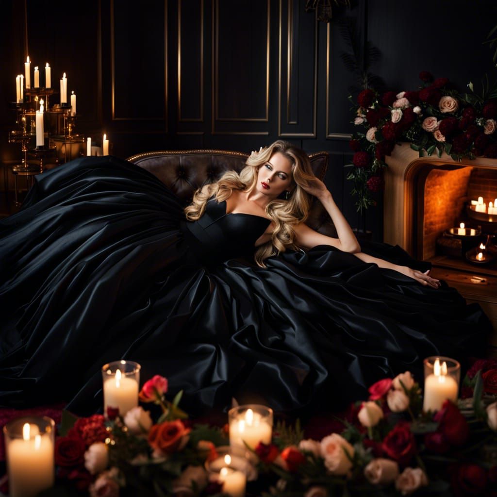 Blonde Woman in Black Gown with Roses
