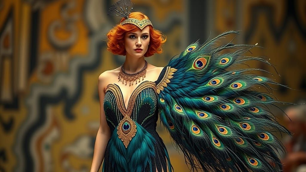 Vibrant Flapper Girl Struts Down the Runway in a Peacock-Col...