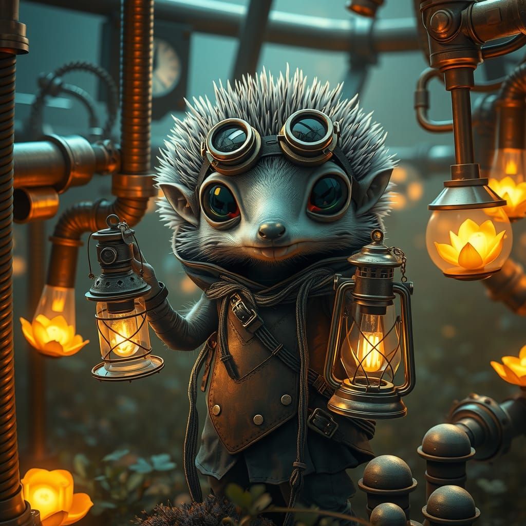 Steampunk Hedgehog Alien in a Whimsical Garden