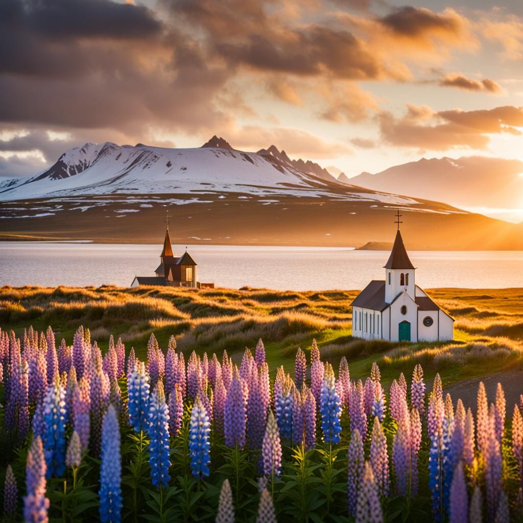 Iceland Lupin Field and Church at Sunrise