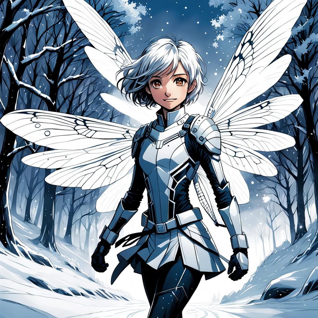 Winter Angel with Dragonfly Wings: Anime Line Drawing