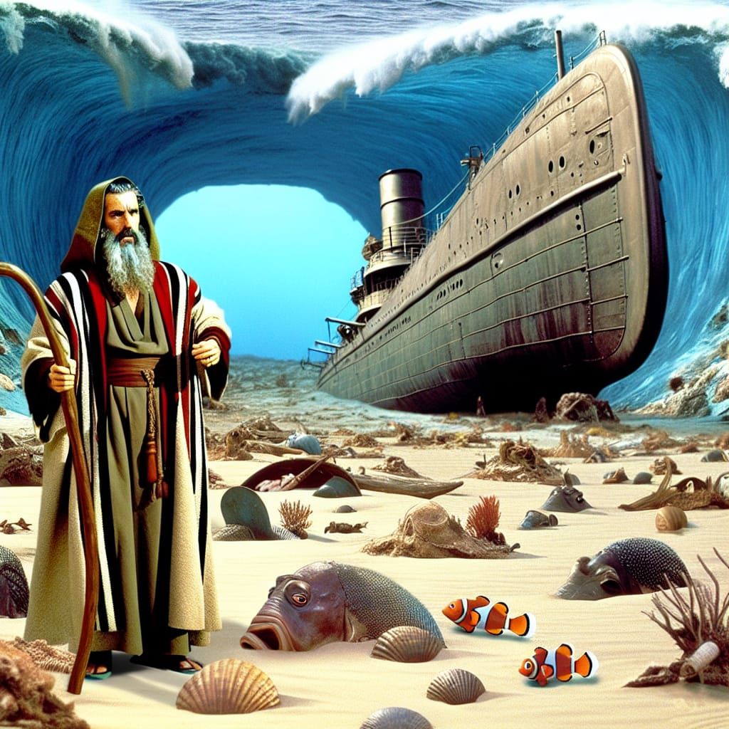 Moses Parts Red Sea Revealing Nautilus Submarine