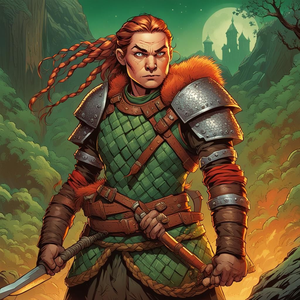 Dwarf Woman Warrior with Braided Hair, Comic Book Art