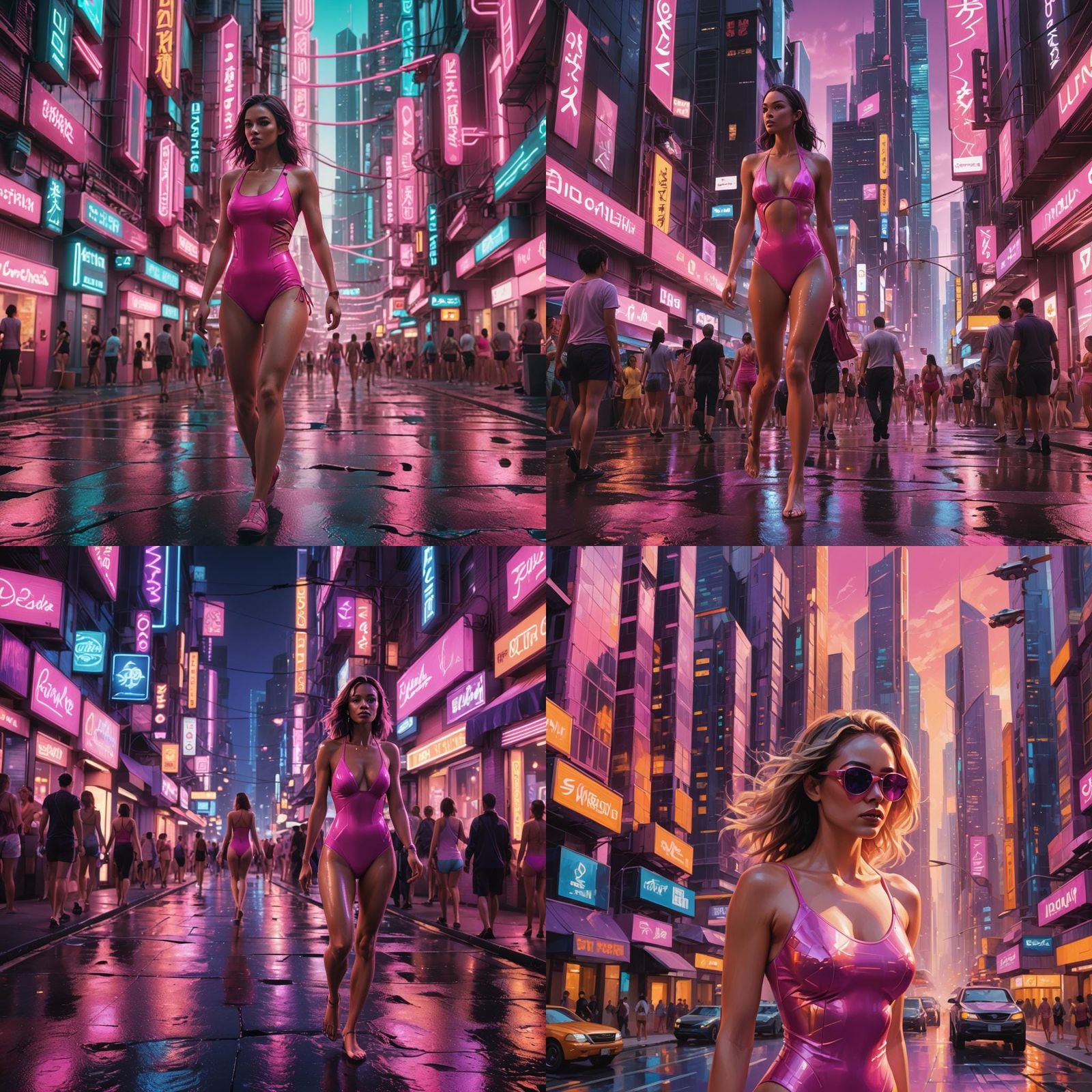 Woman in Pink Swimsuit in Cityscape
