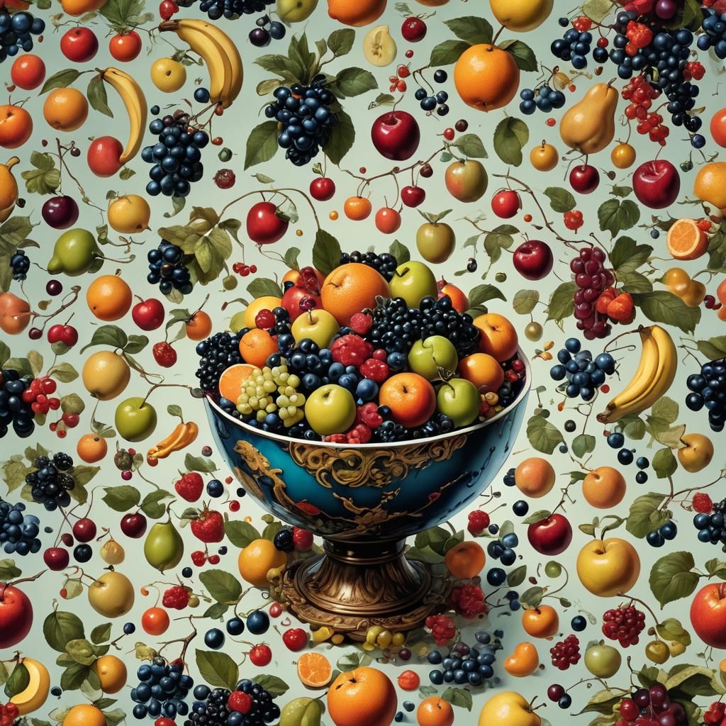 Hyperrealistic Fruit Bowl with Surreal Backdrop