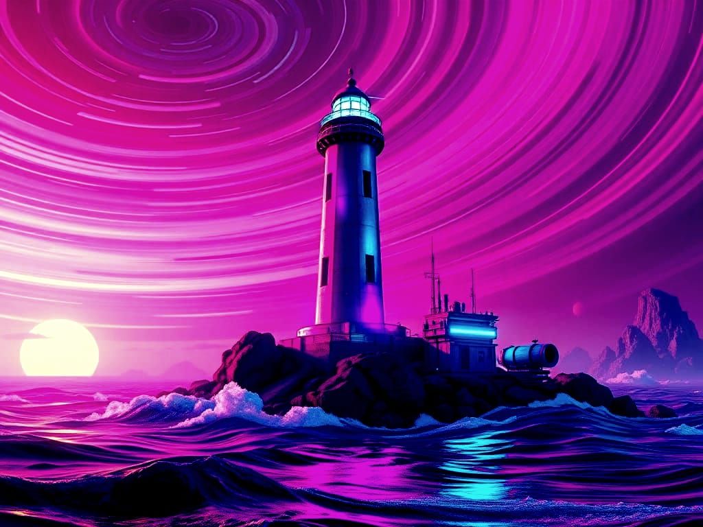 Neon Cyberpunk Lighthouse in Surreal Oceanscape