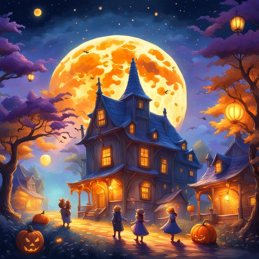 Enchanting Friends Share Treats Under Harvest Moon