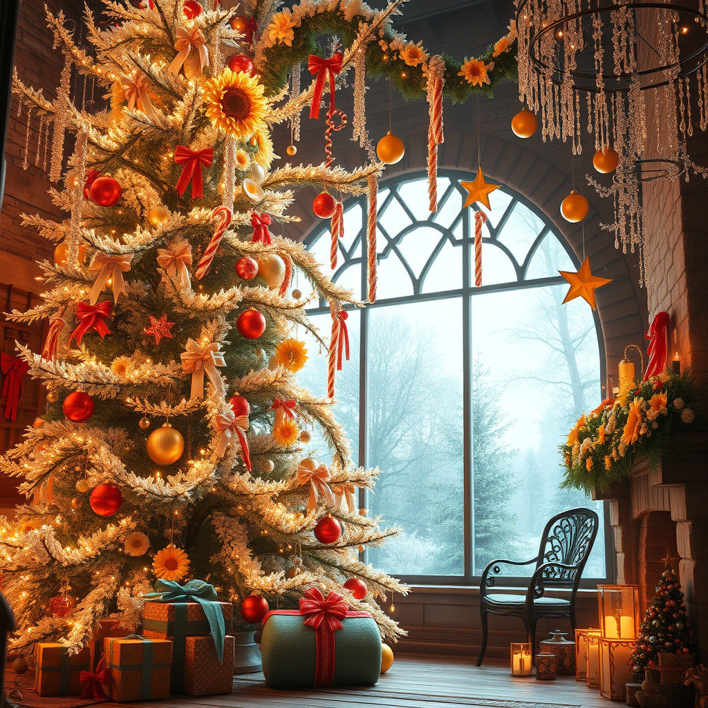 Christmas Tree with Sunflowers in Art Nouveau Style