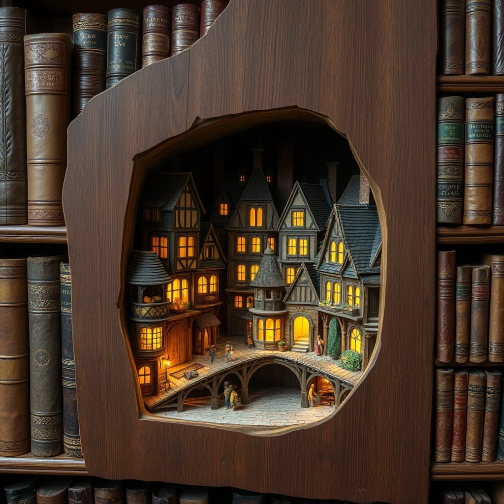 Miniature City in Bookshelf Gap, Fantastical Realism