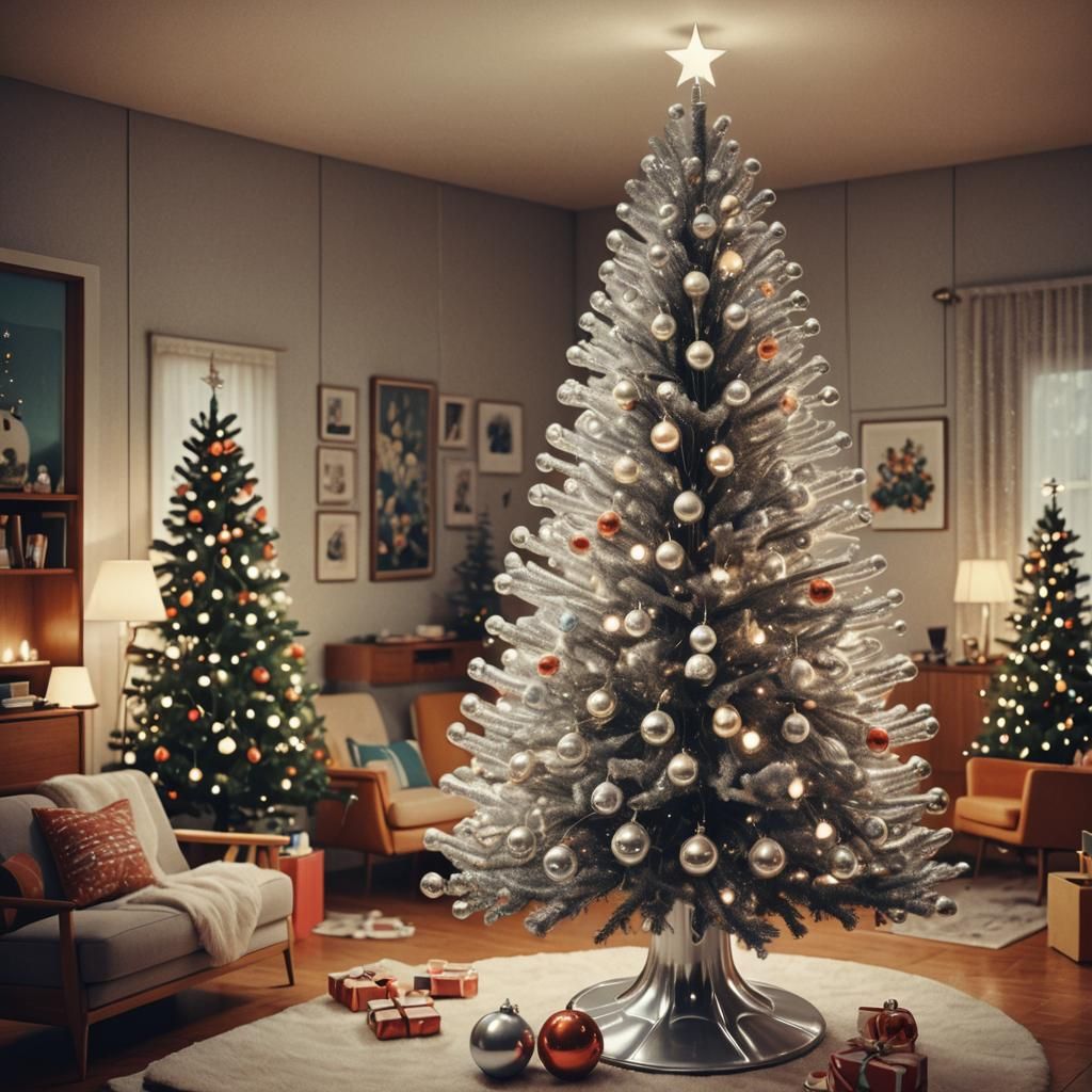 Retro-Futuristic Aluminum Christmas Tree in 1960s Room