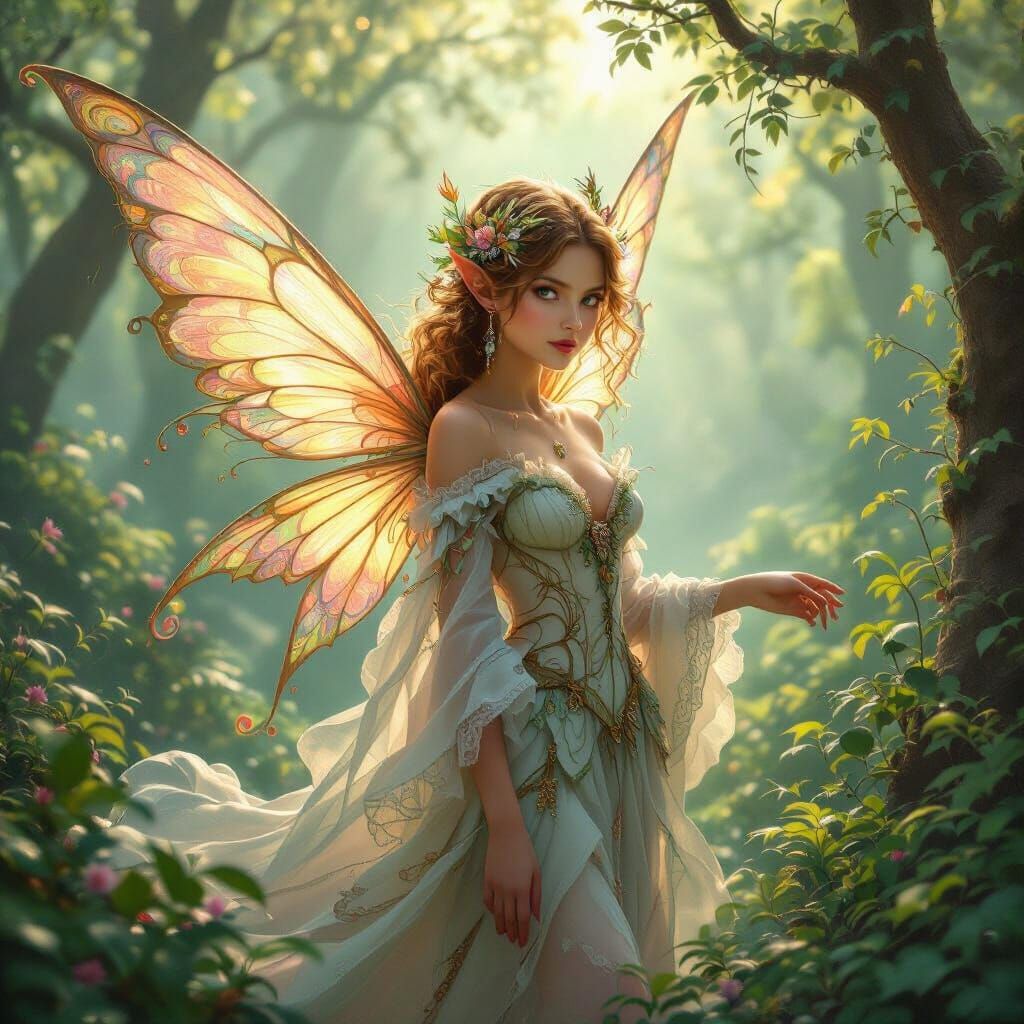 Delicate Pixie in Lush Forest, Whimsical Realism