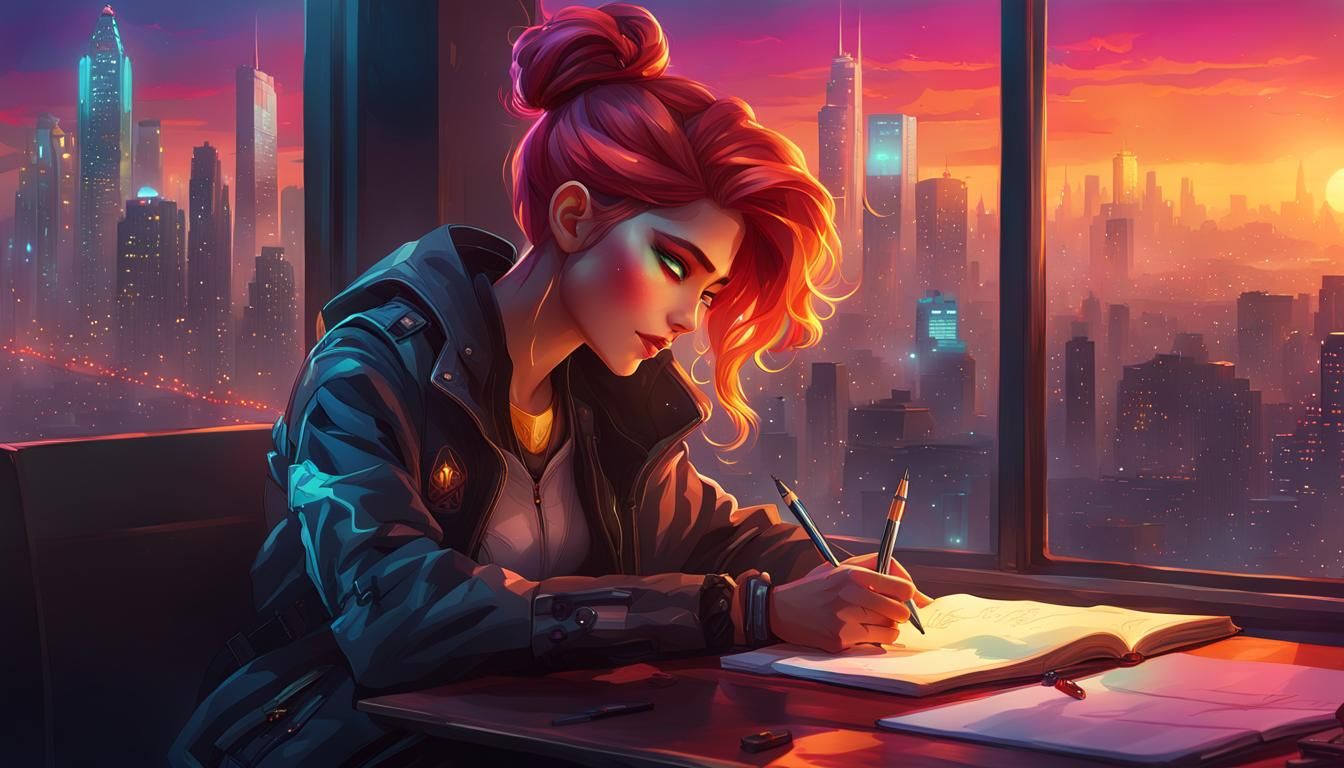 Cyberpunk Character Writing at Window Overlooking City