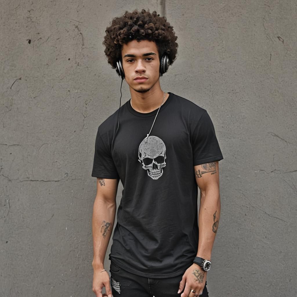 Young Man with Tattoo in Skull T-Shirt