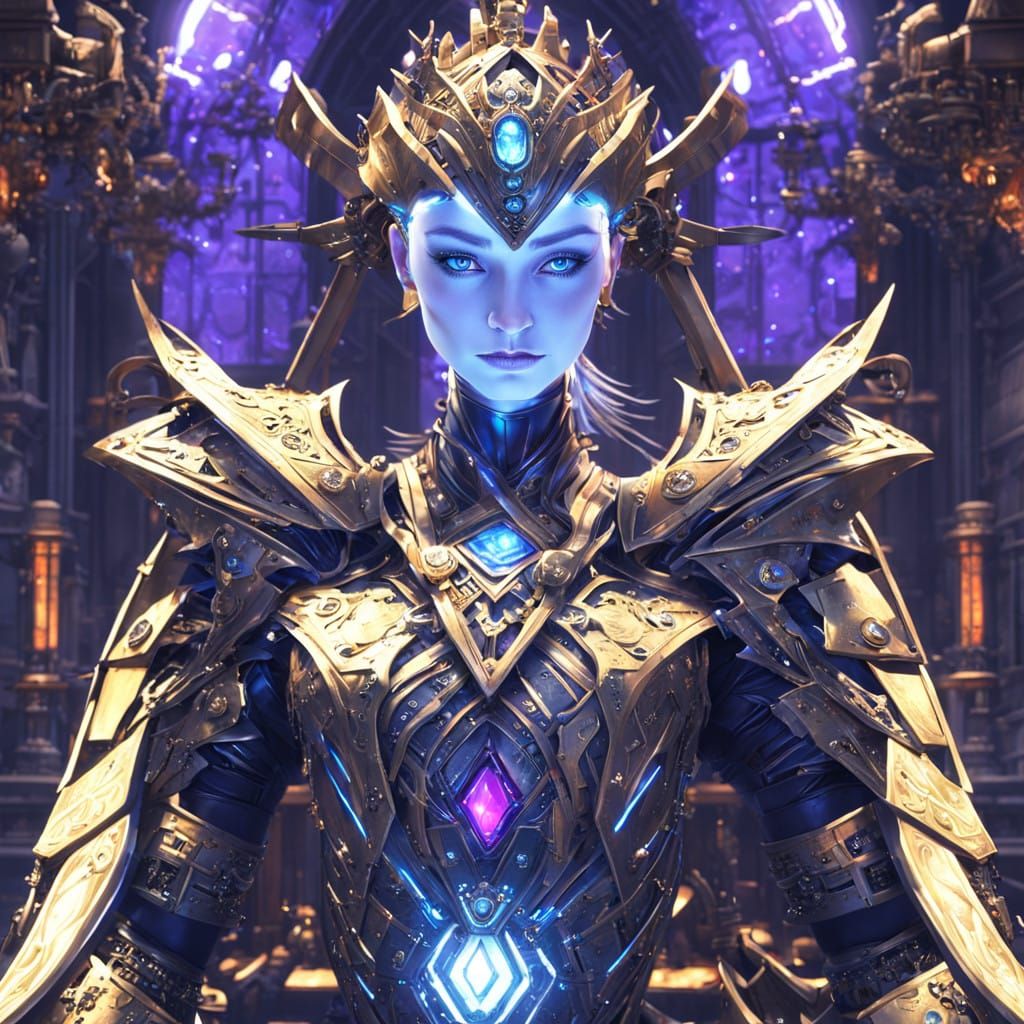 Cybernetic Queen Amidst Dark Fantasy Tavern