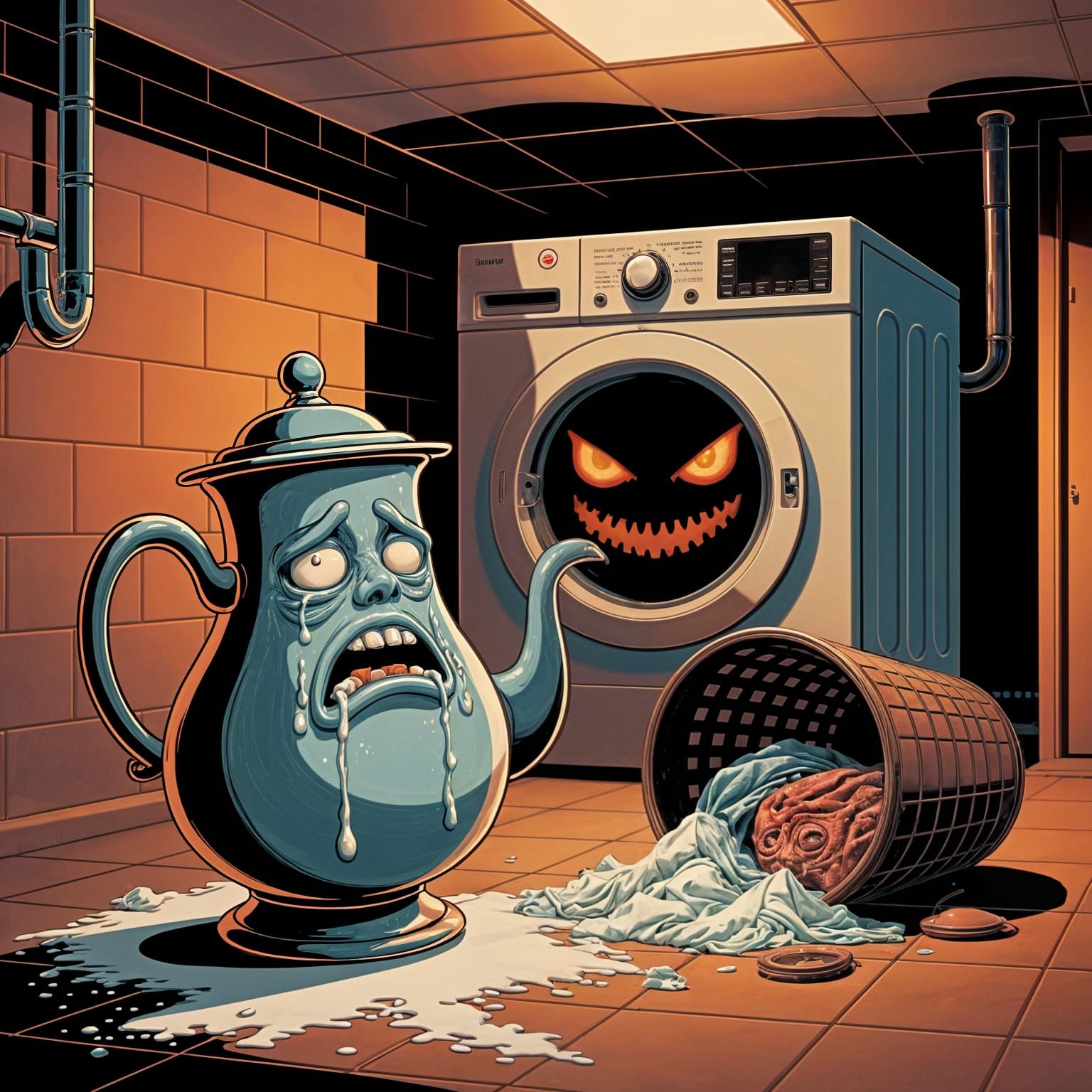 Terrified Teapot in Ominous Laundry Room