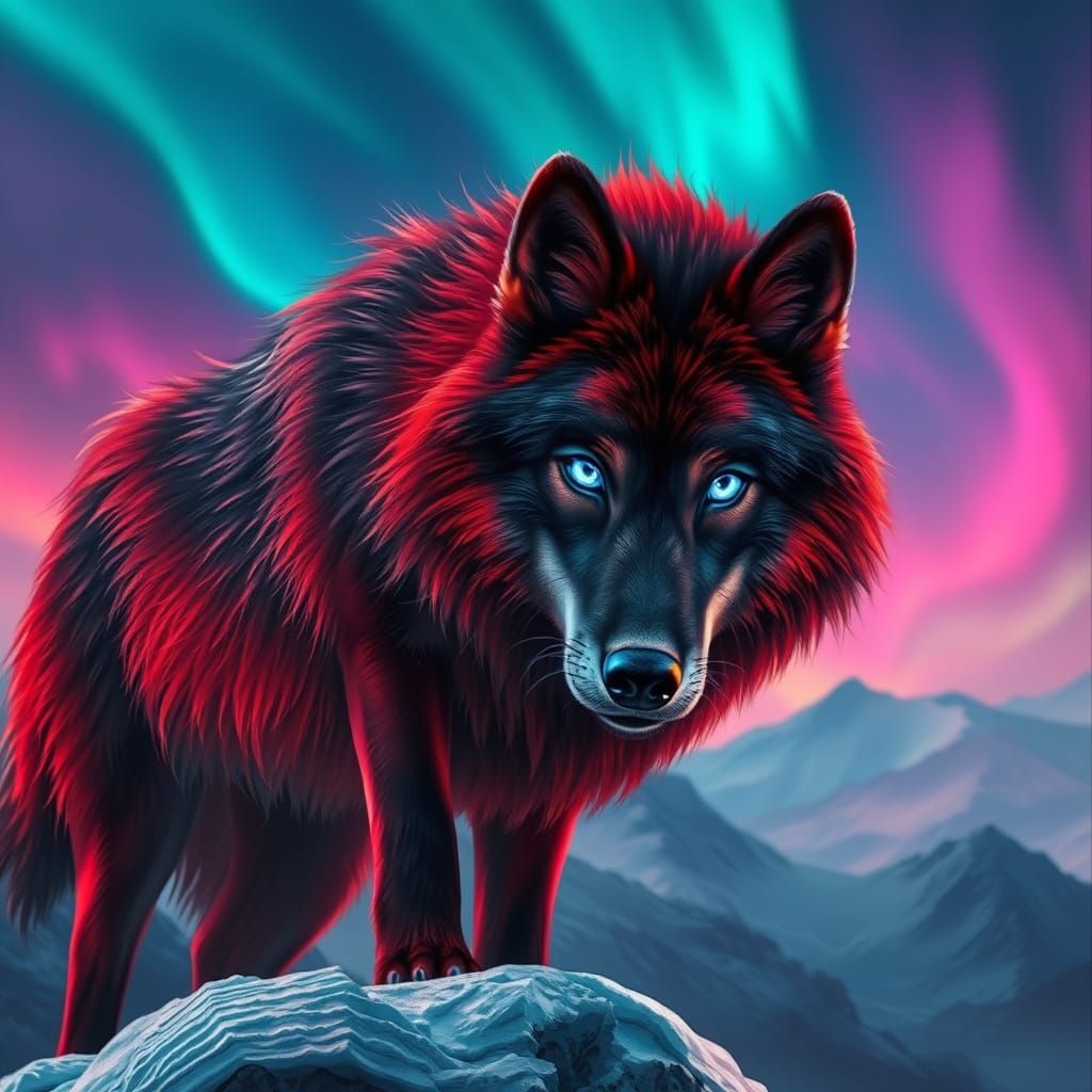 Majestic Wolf Standing on Snowy Mountain Peak in Hyper-Reali...
