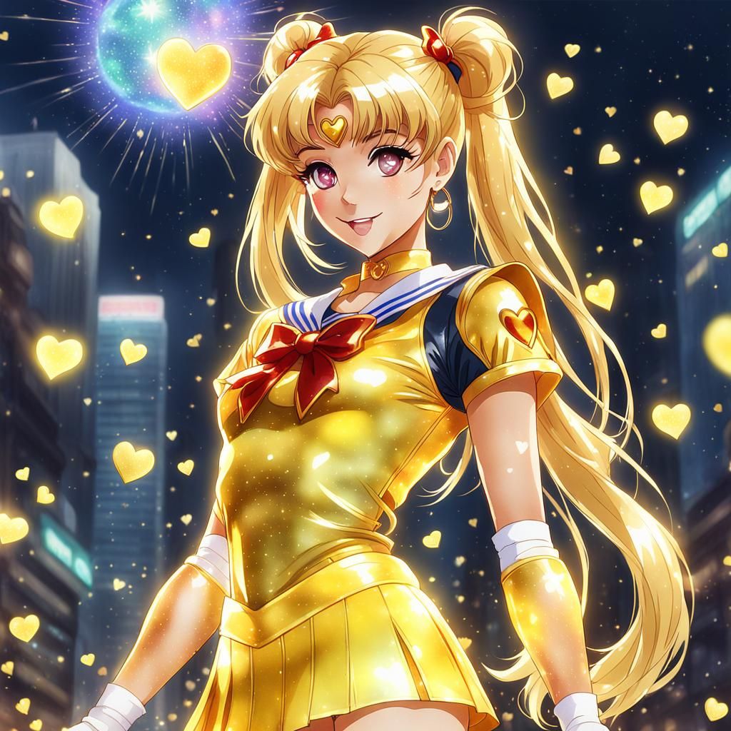Glittering Anime Sailor Scout with Yellow Hearts